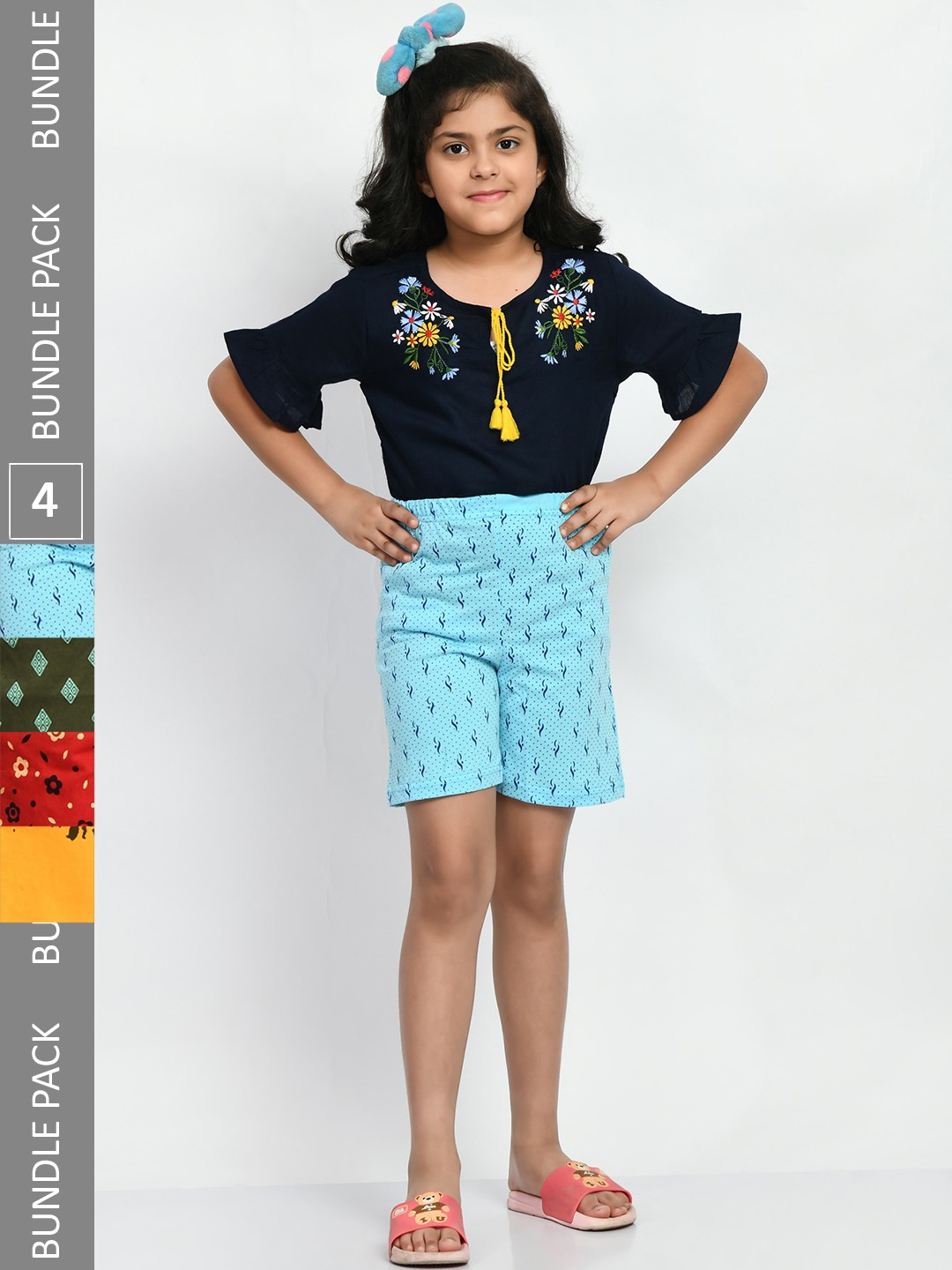 

BAESD Girls Pack Of 4 Printed Pure Cotton High-Rise Shorts, Blue