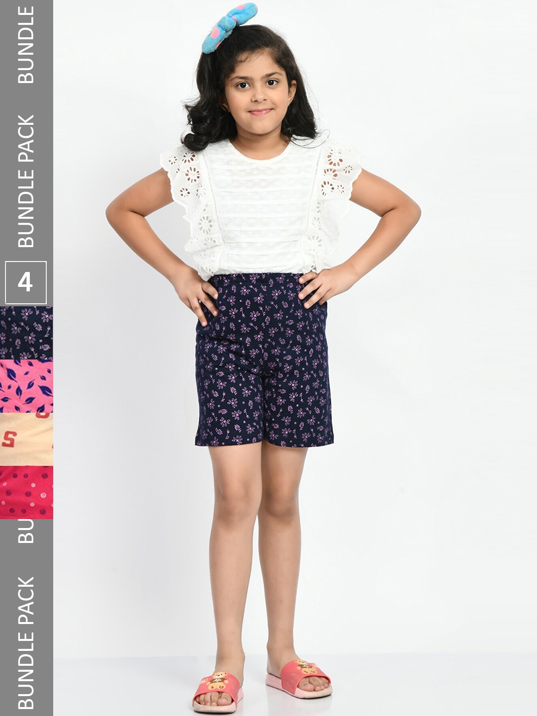 

BAESD Girls Pack Of 4 Printed Pure Cotton Shorts, Navy blue