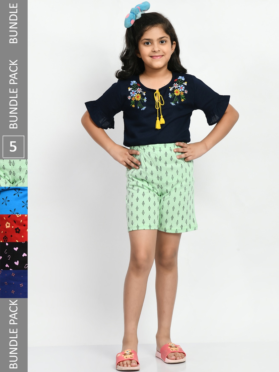 

BAESD Girls Pack Of 5 Printed Pure Cotton High-Rise Shorts, Green