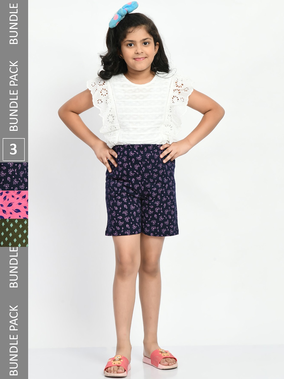 

BAESD Girls Pack Of 3 Printed Cotton High-Rise Shorts, Navy blue