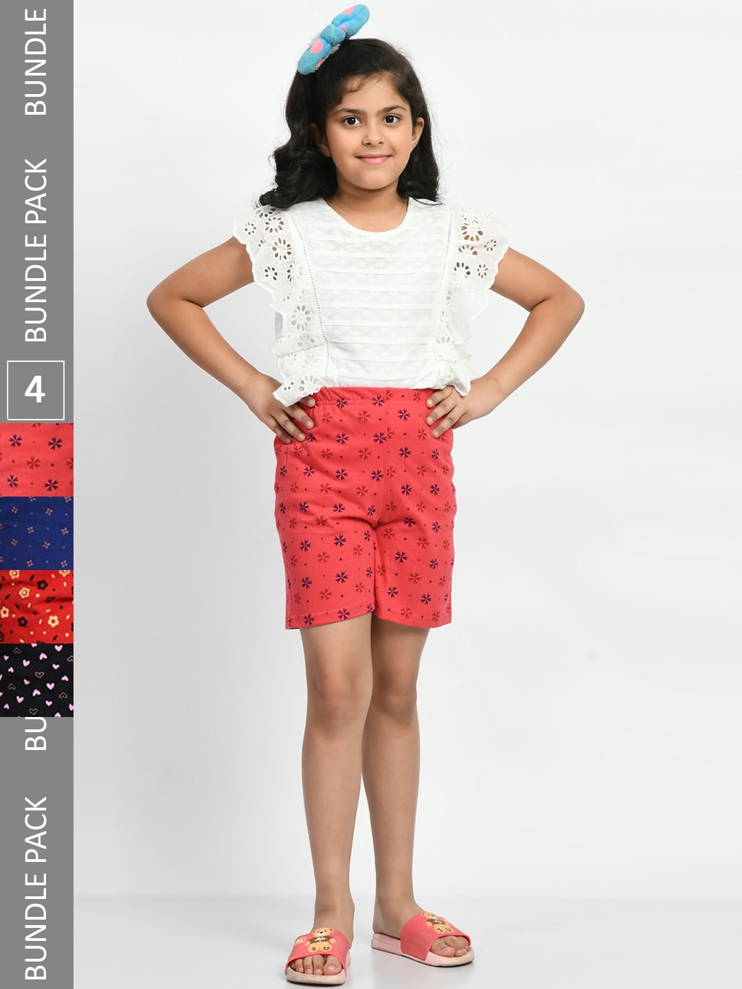 

BAESD Girls Pack Of 4 Printed Pure Cotton High-Rise Shorts, Red