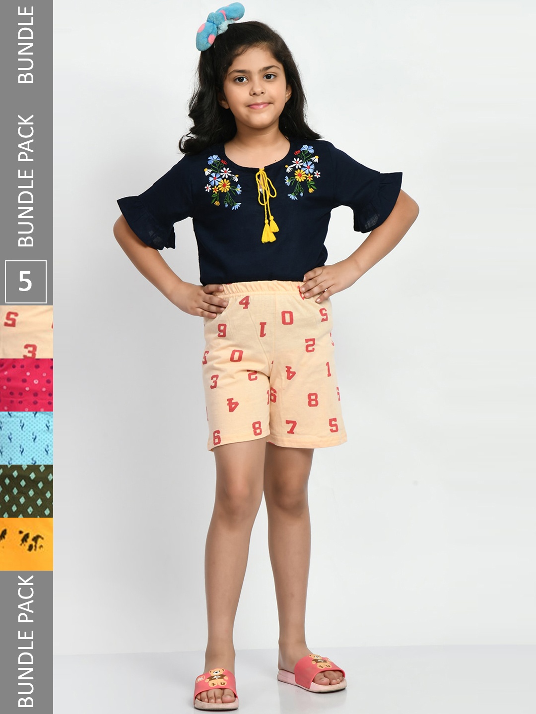 

BAESD Girls Pack Of 5 Printed Pure Cotton High-Rise Shorts, Peach