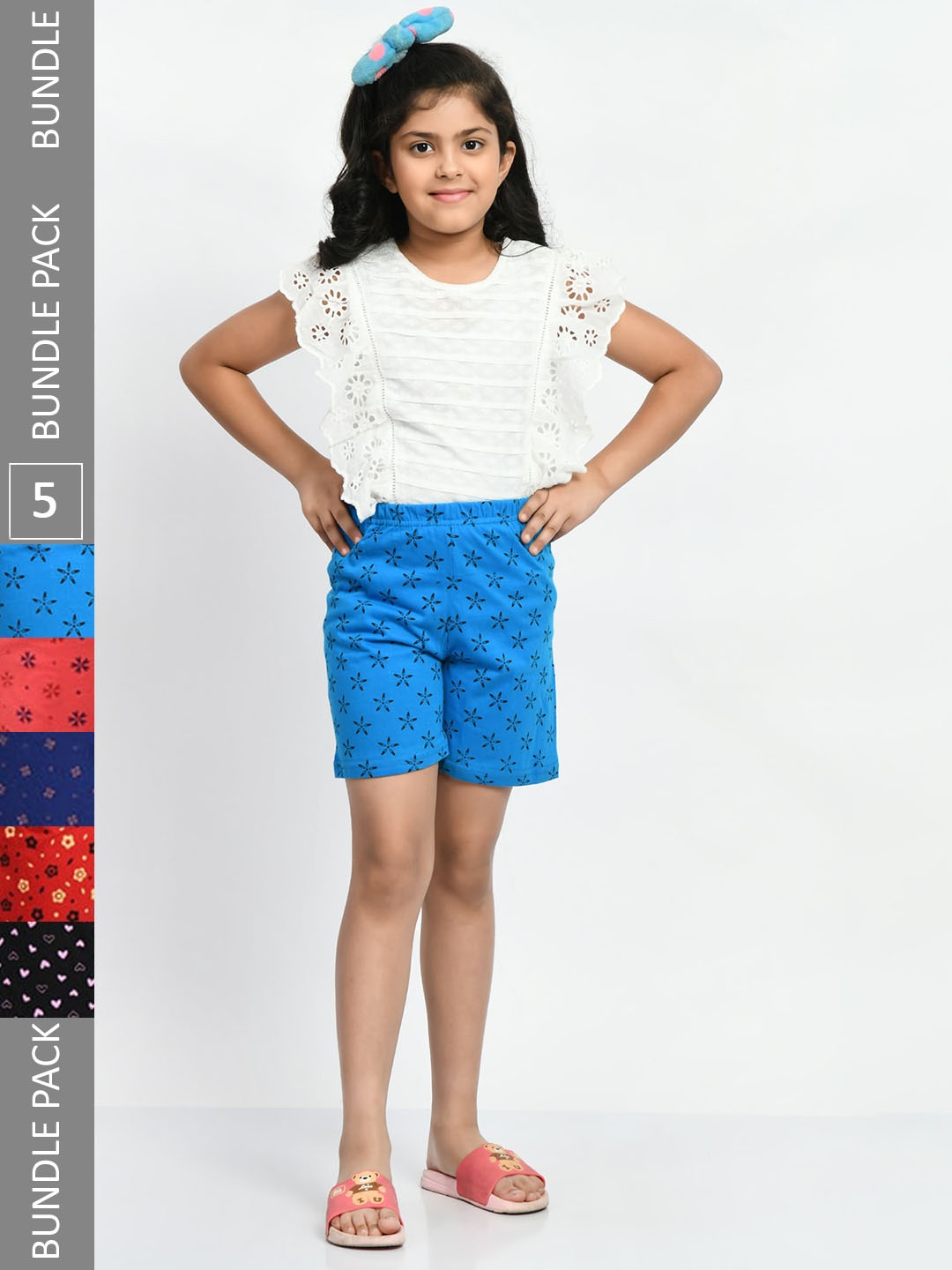 

BAESD Girls Pack Of 5 Floral Printed Pure Cotton Shorts, Blue
