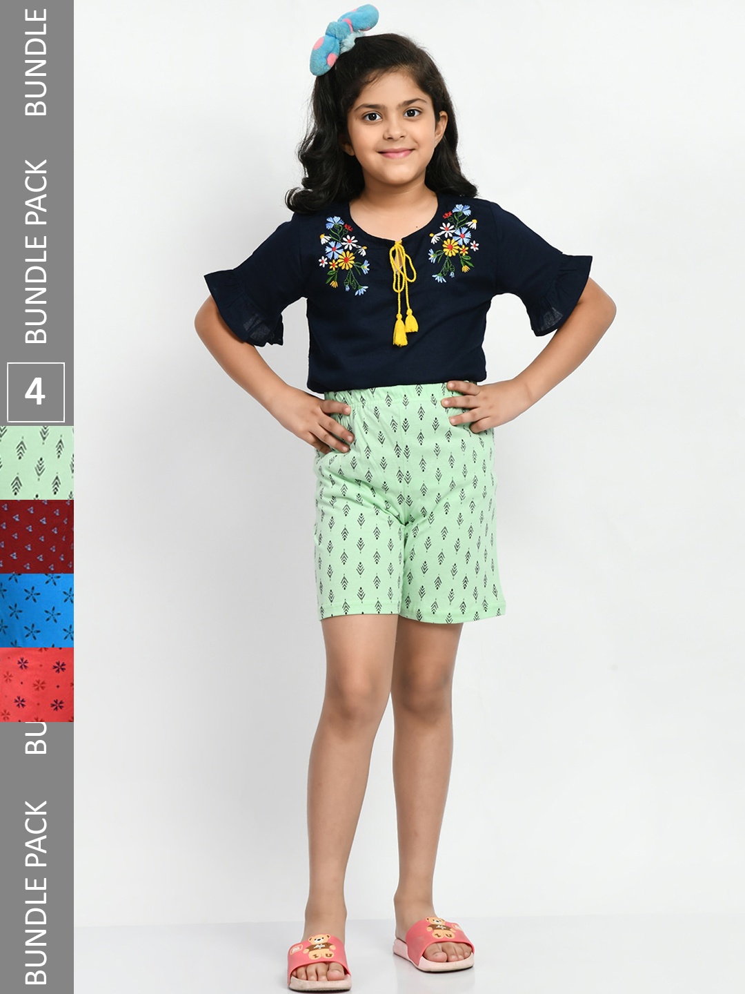 

BAESD Girls Pack Of 4 Printed Mid-Rise Pure Cotton Shorts, Green