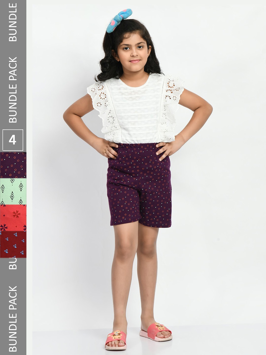 

BAESD Girls Pack Of 4 Printed High-Rise Pure Cotton Shorts, Purple