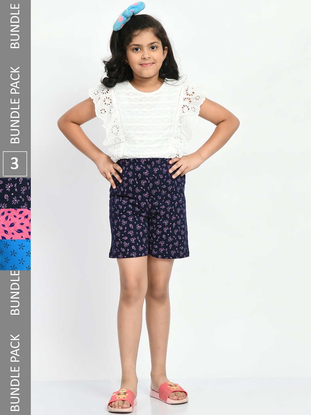 

BAESD Girls Pack of 3 Printed Pure Cotton Shorts, Navy blue