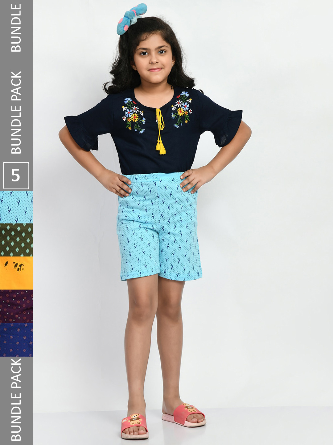 

BAESD Girls Pack Of 5 Geometric Printed Pure Cotton Shorts, Blue