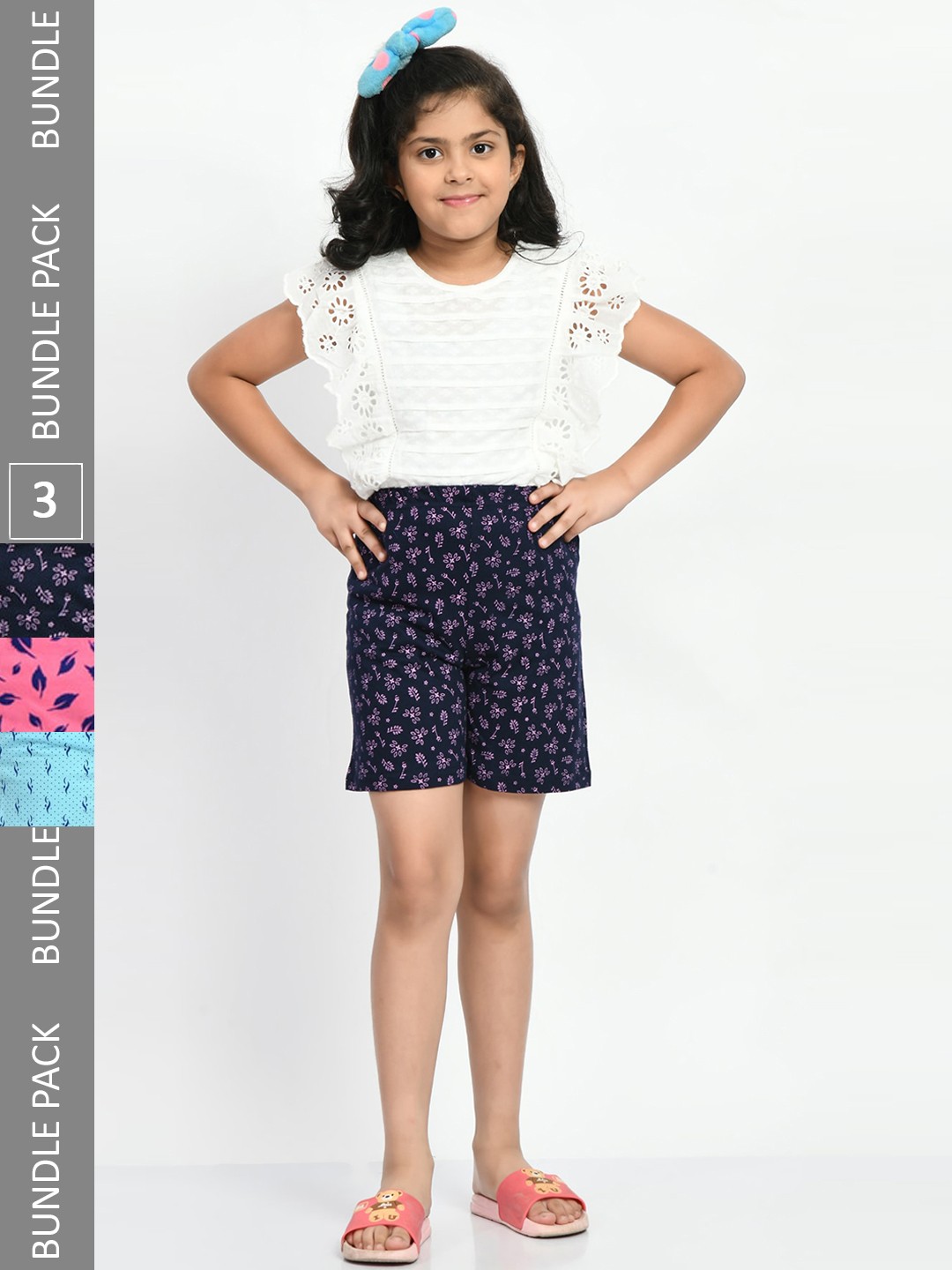 

BAESD Girls Pack of 3 High-Rise Floral Printed Pure Cotton Shorts, Navy blue