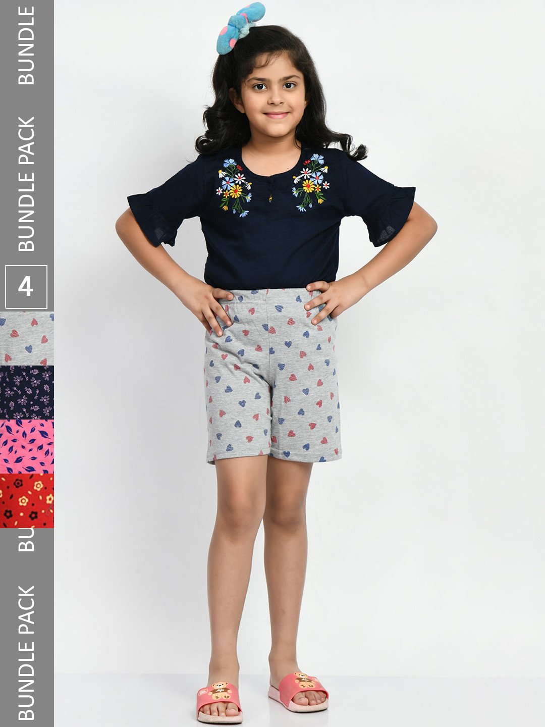 

BAESD Girls Pack Of 4 Floral Printed Pure Cotton Shorts, Grey
