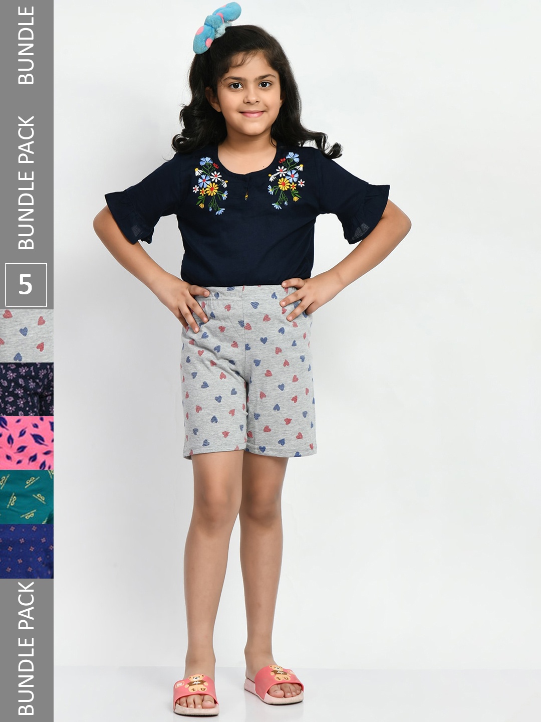 

BAESD Girls Pack Of 5 Floral Printed Pure Cotton Shorts, Navy blue