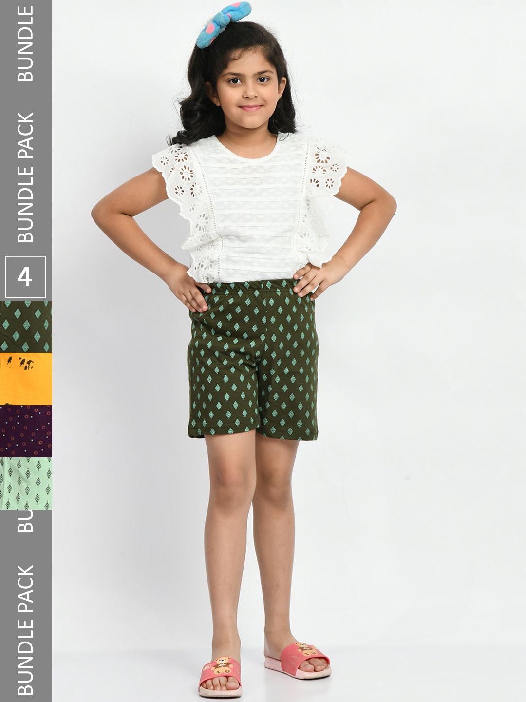 

BAESD Girls Pack Of 4 Geometric Printed Pure Cotton Shorts, Green