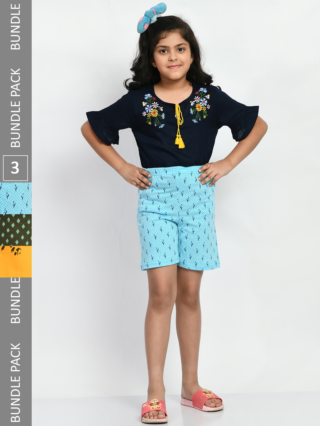

BAESD Girls Pack Of 3 Printed Mid-Rise Pure Cotton Shorts, Blue