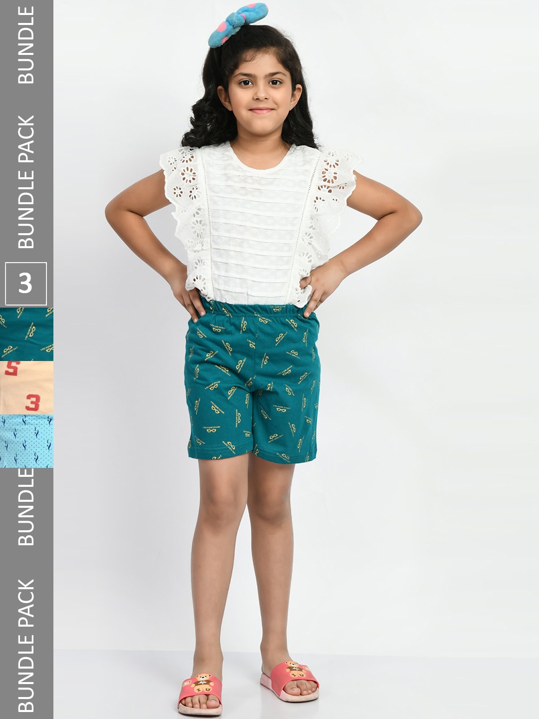 

BAESD Girls Pack of 3 High-Rise Conversational Printed Pure Cotton Shorts, Teal