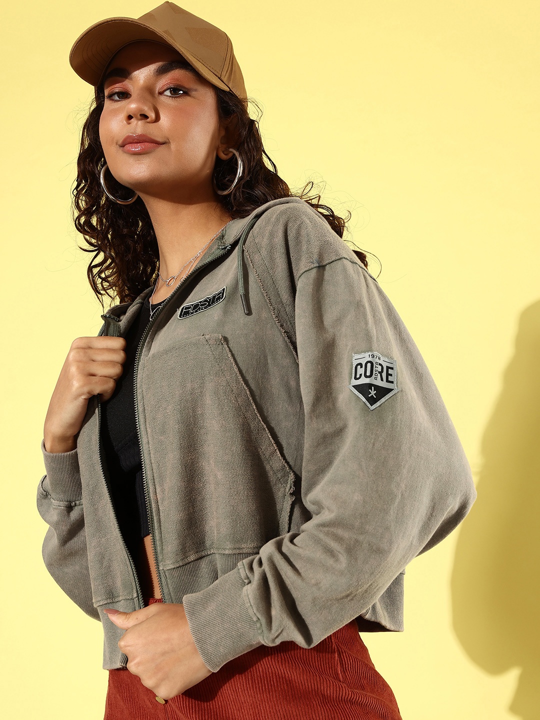 

The Roadster Life Co. Pure Cotton Self Design Hooded Crop Sweatshirt, Olive