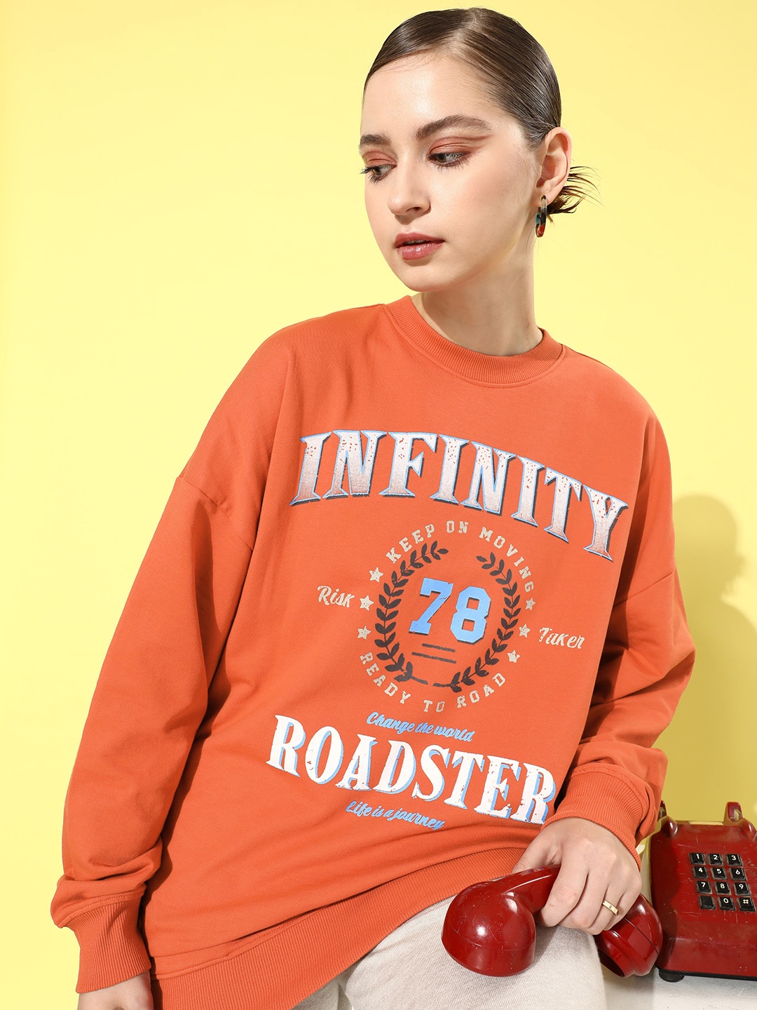 

The Roadster Life Co. Graphic Printed Cotton Longline Sweatshirt, Orange