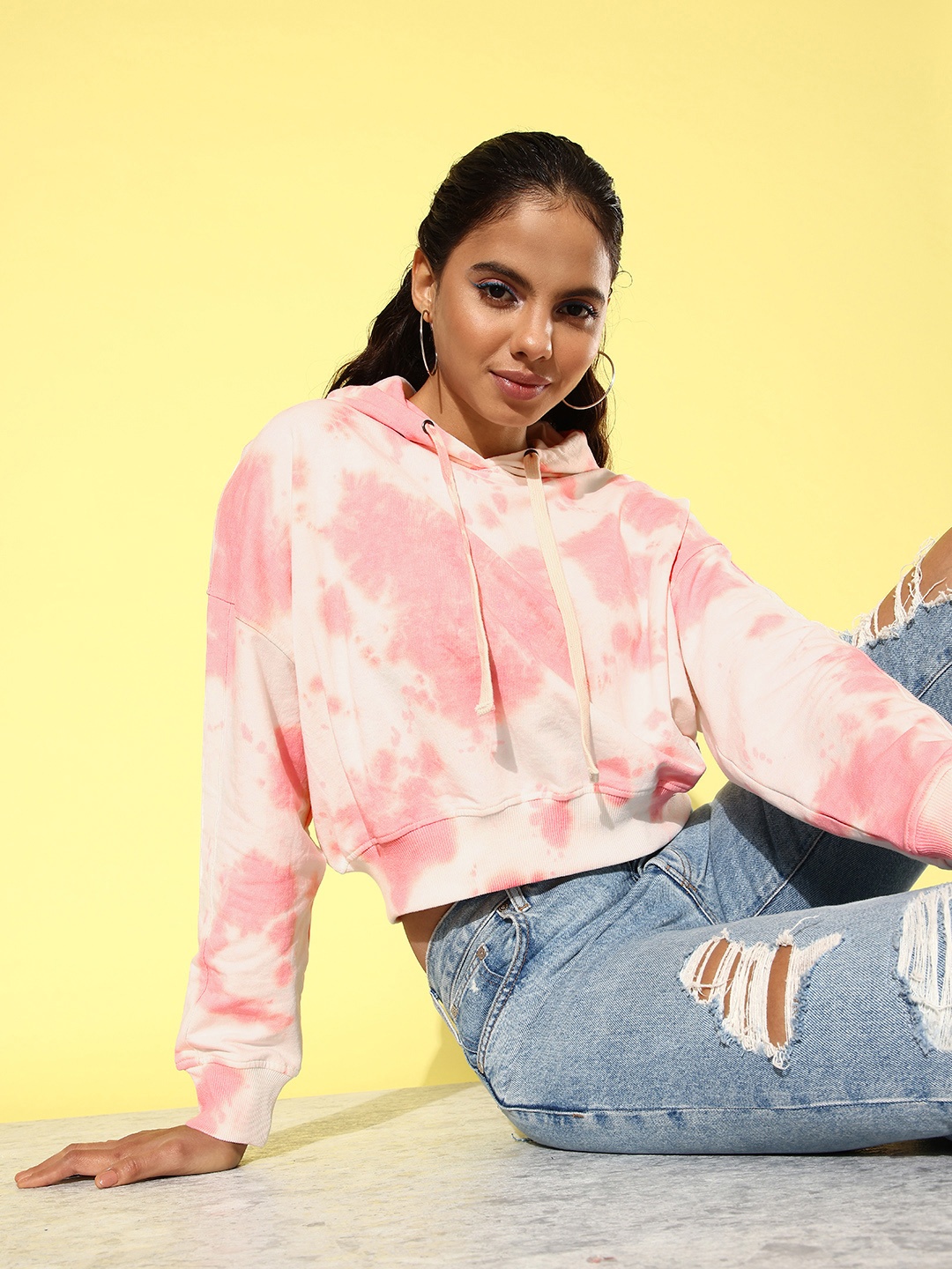 

The Roadster Life Co. Pure Cotton Tie And Dye Hooded Crop Sweatshirt, Pink