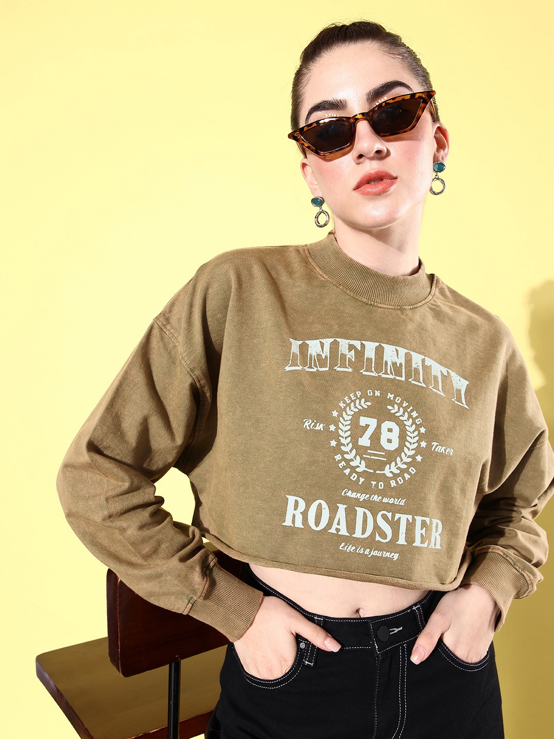 

The Roadster Life Co. Pure Cotton Printed Crop Sweatshirt, Brown