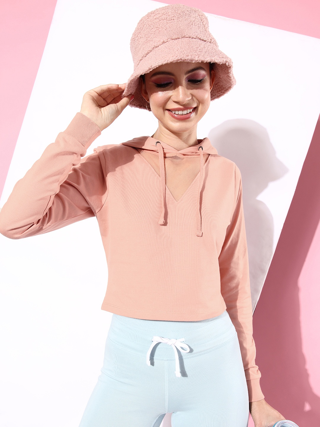 

The Roadster Life Co. Solid Hooded Crop Sweatshirt With Mesh Detail, Peach