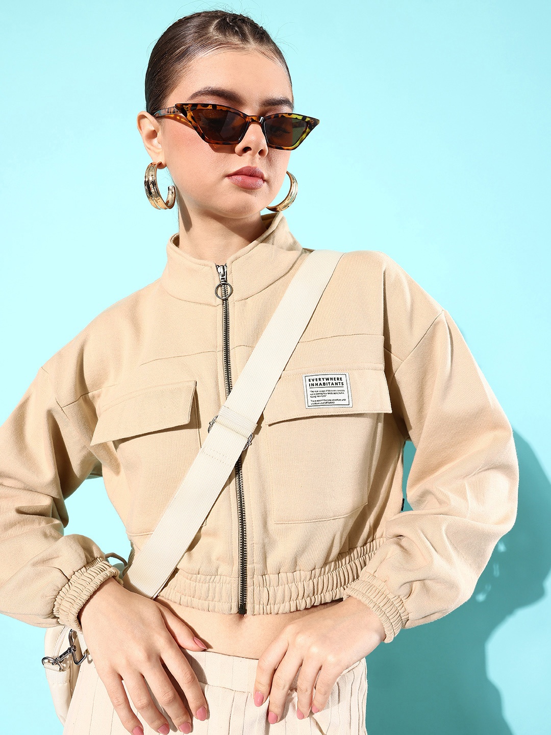 

The Roadster Life Co. Mock Collar Flat Pockets Crop Sweatshirt, Beige