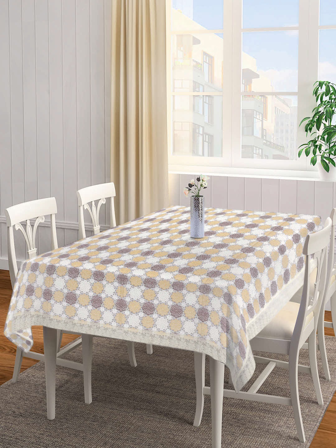 

FABINALIV White & Beige Floral Embellished Rectangular 8-Seater Table Cover