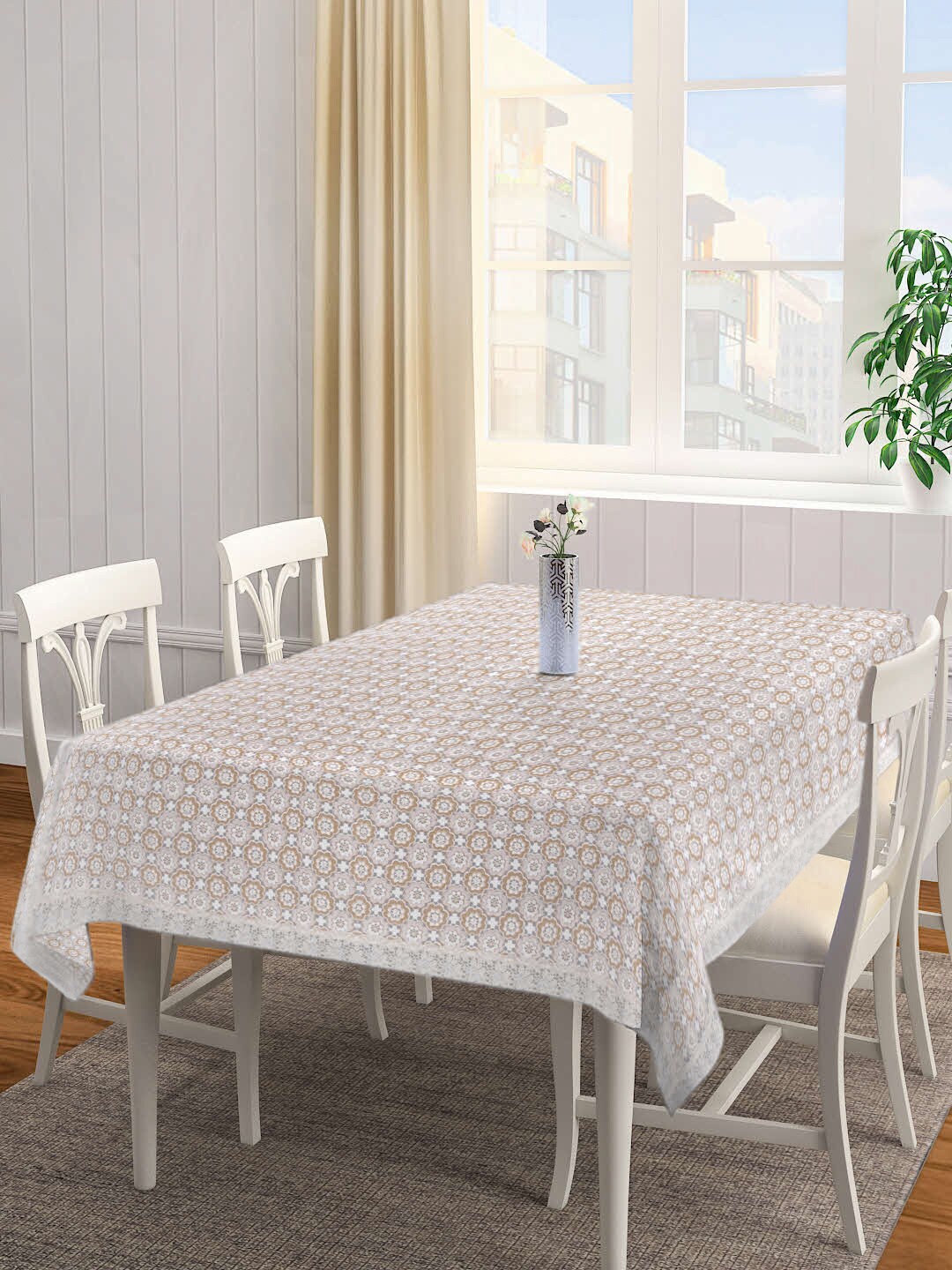 

FABINALIV White & Beige Floral Embellished Rectangular Shaped 8-Seater Table Cover