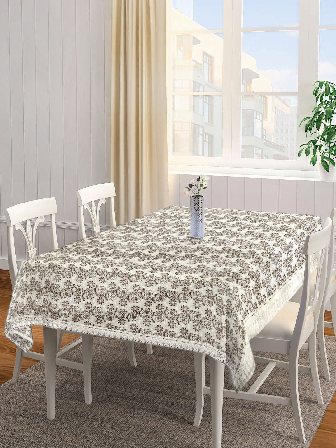 

FABINALIV Floral Embroidered 8 Seater Table Cover, Cream