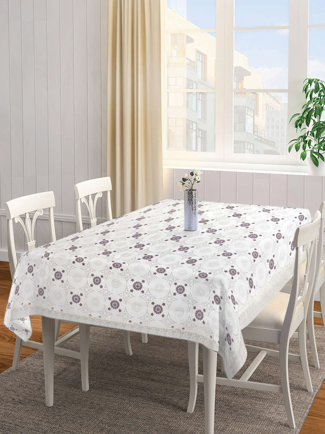 

FABINALIV Off-White & Maroon Floral Embellished Rectangular Shaped 8-Seater Table Cover