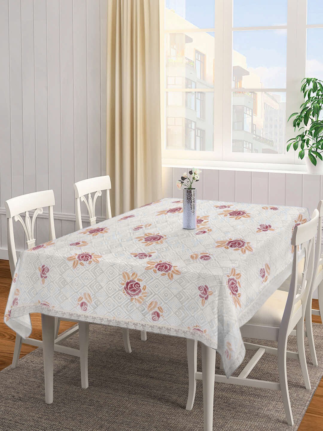 

FABINALIV Off-White & Red Floral Embellished Rectangular Shaped 8-Seater Table Cover