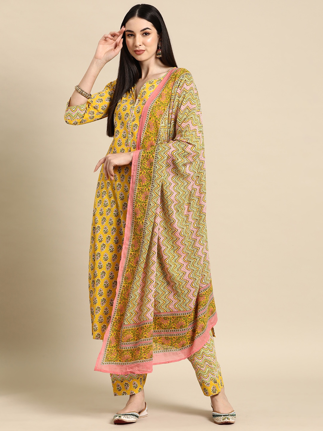 

anayna Women Floral Printed Pure Cotton Kurta with Salwar & With Dupatta, Yellow