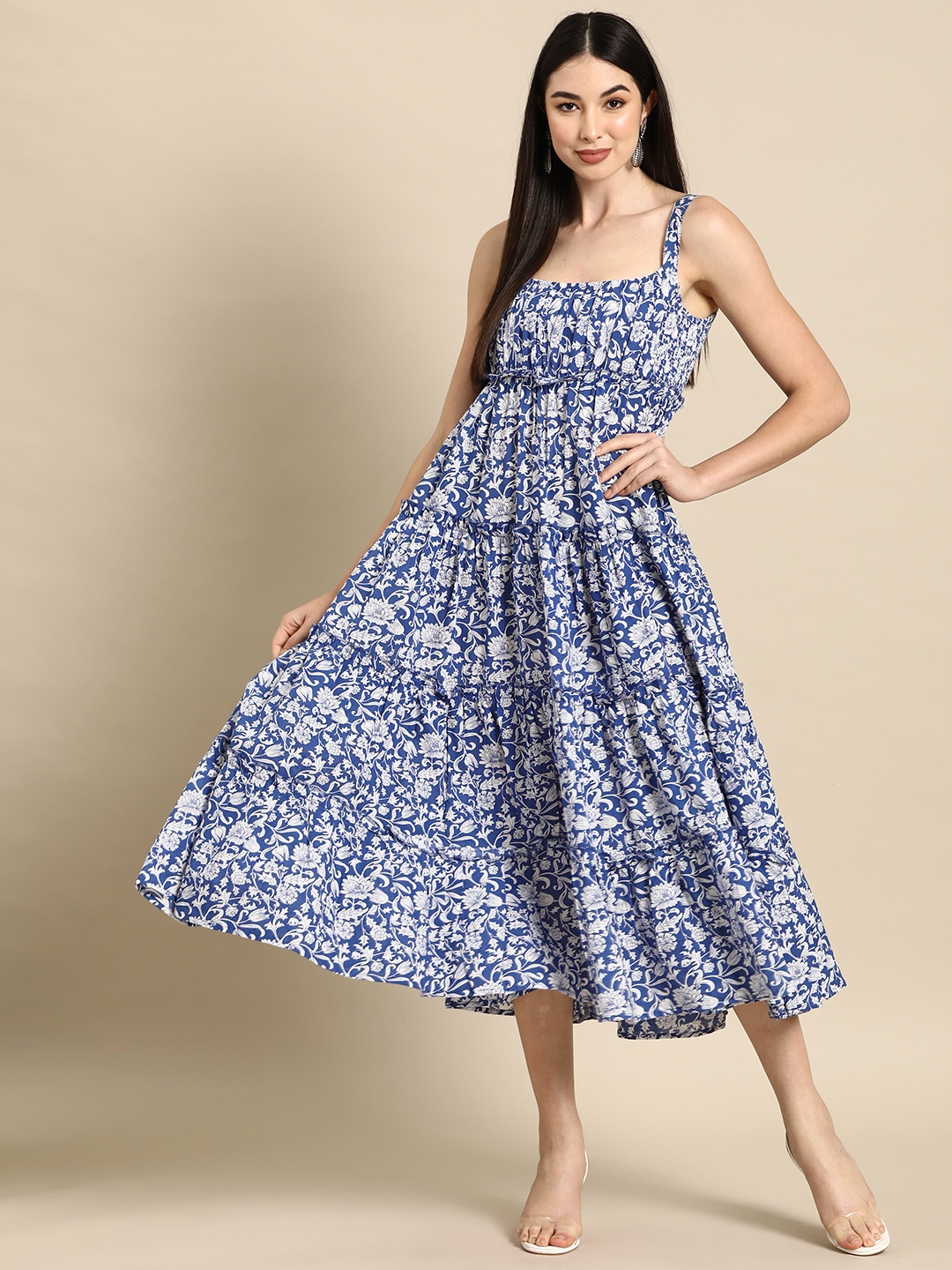 

Anayna Floral Print Pure Cotton Tiered Midi Ethnic Dress, Blue