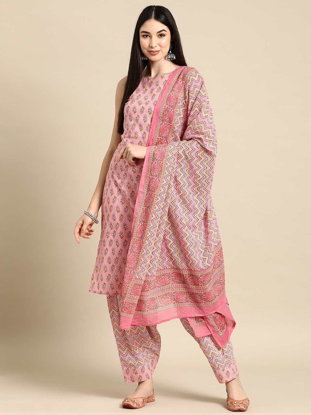 

anayna Floral Printed Boat Neck Pure Cotton Kurta With Salwar & Dupatta, Pink