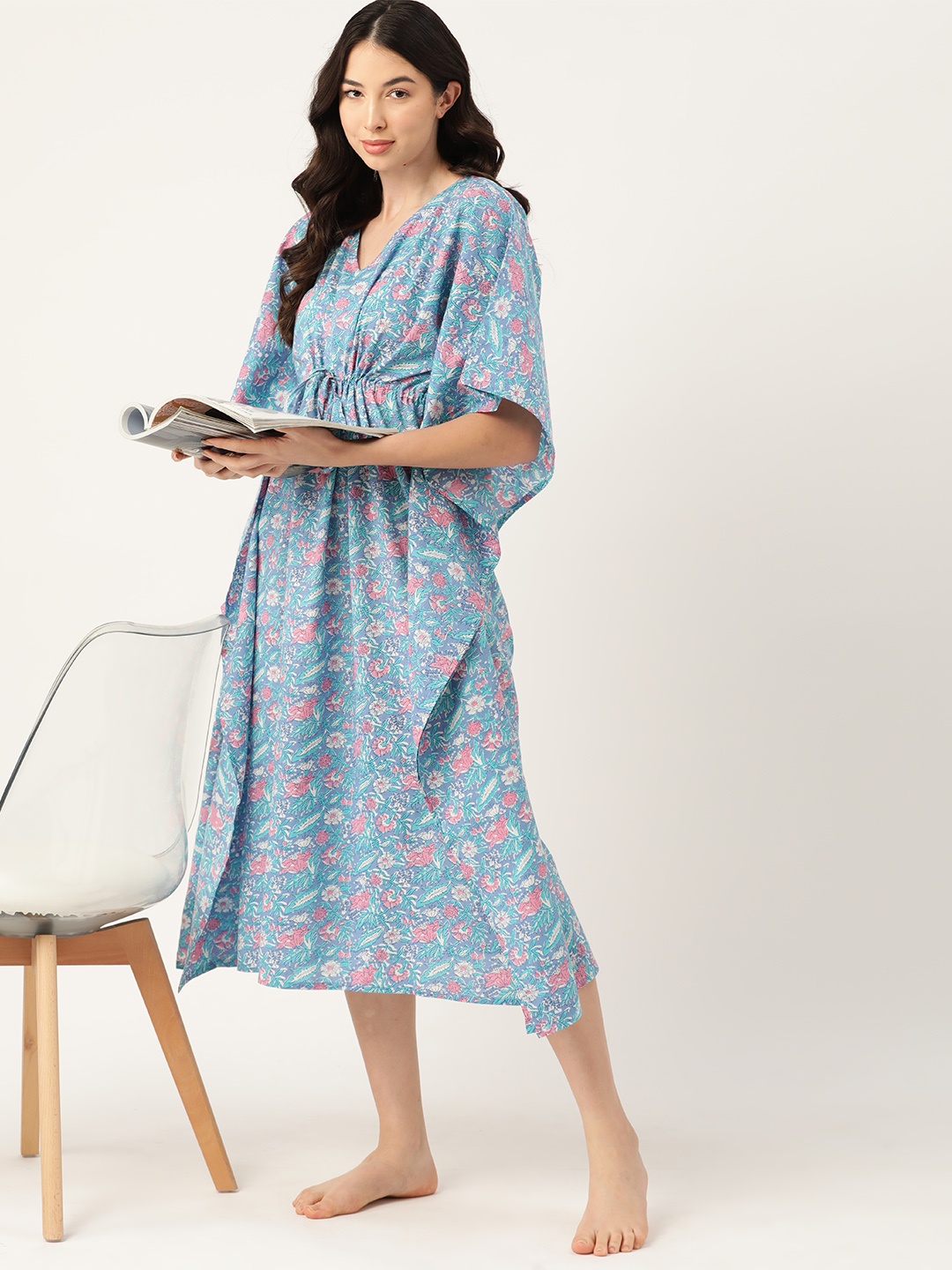 

ETC Floral Printed Cotton Nightdress, Turquoise blue