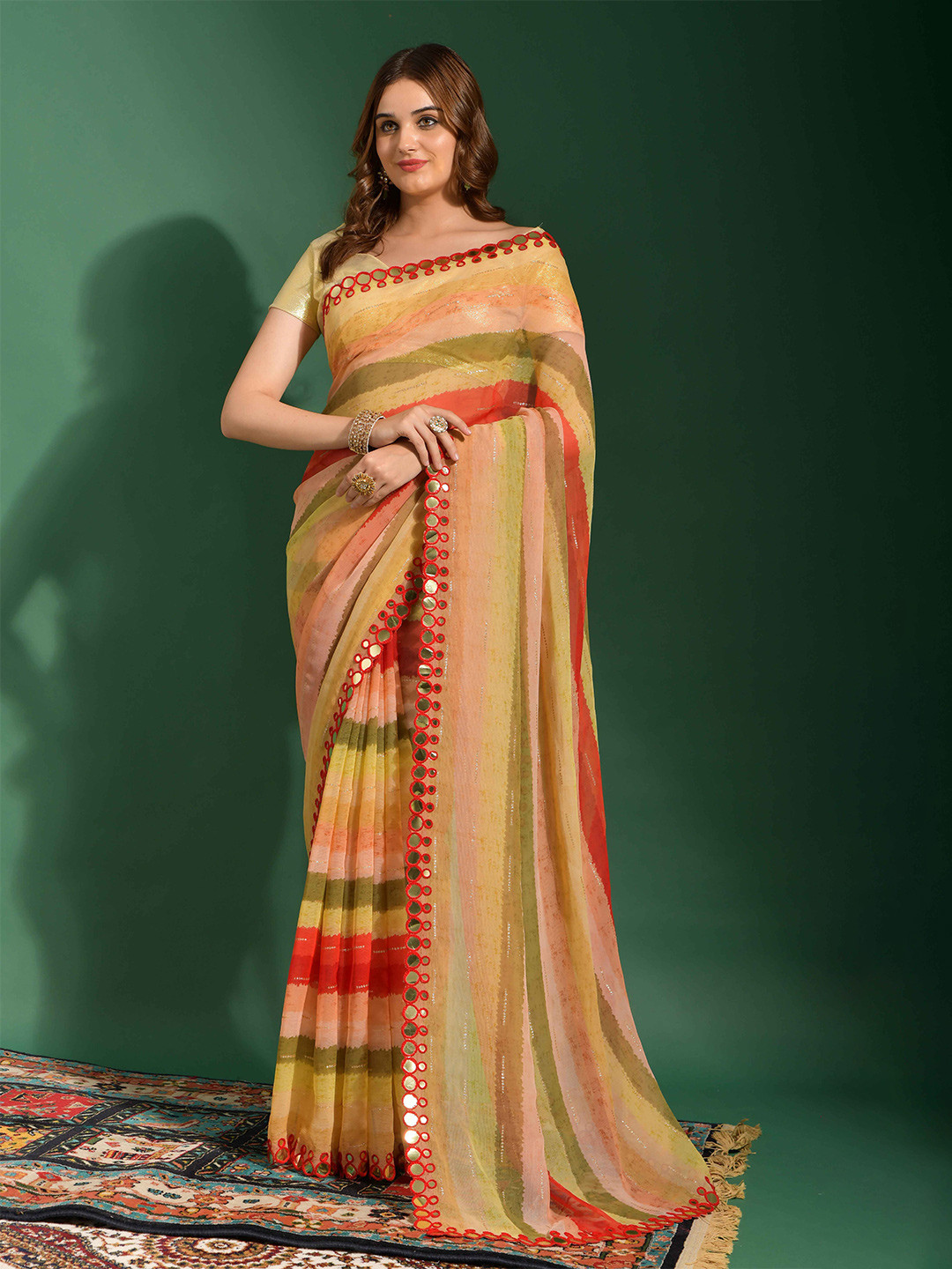 

DIVASTRI Striped Mirror Worked Saree, Red