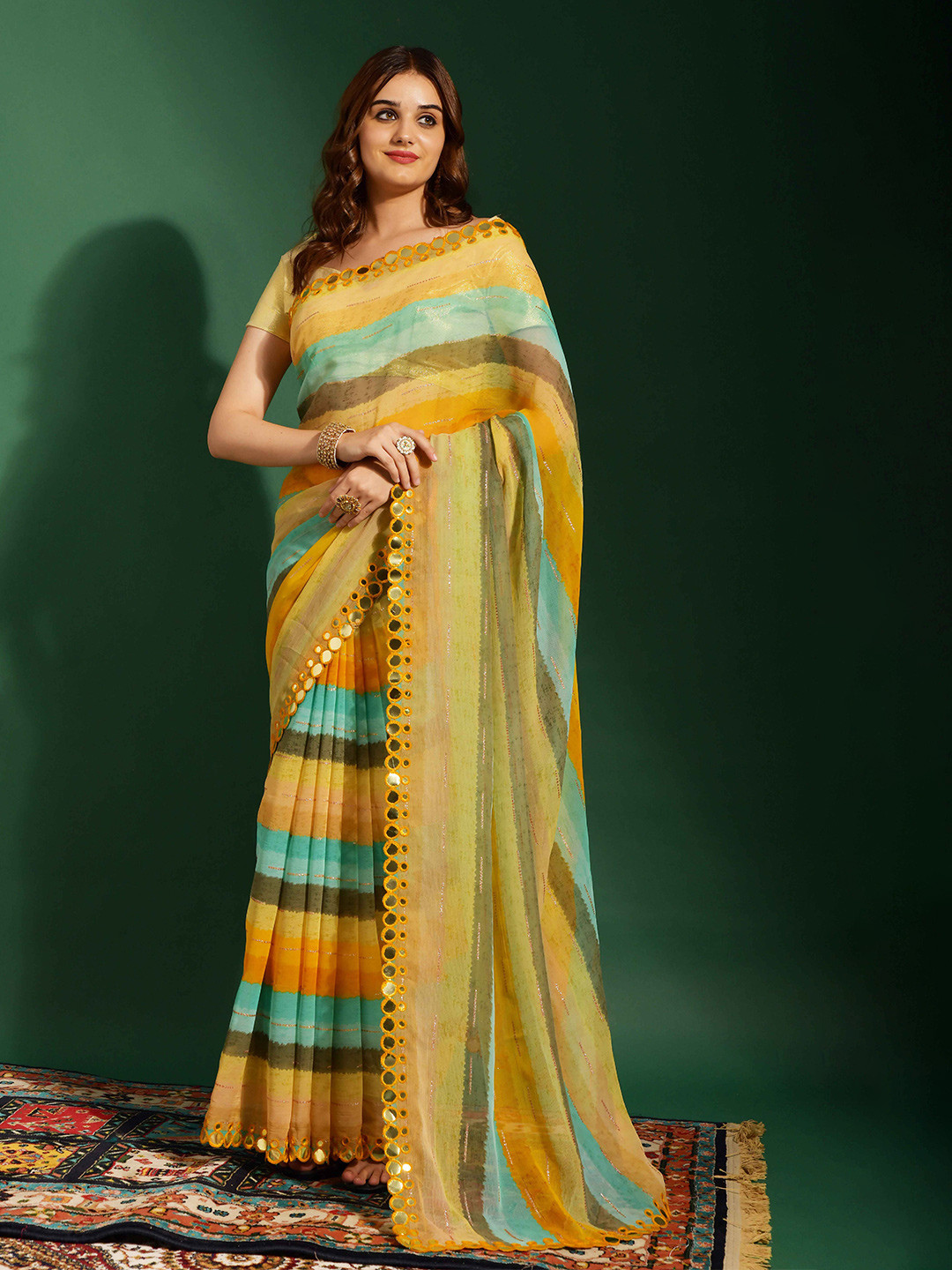 

DIVASTRI Striped Mirror Worked Saree, Yellow