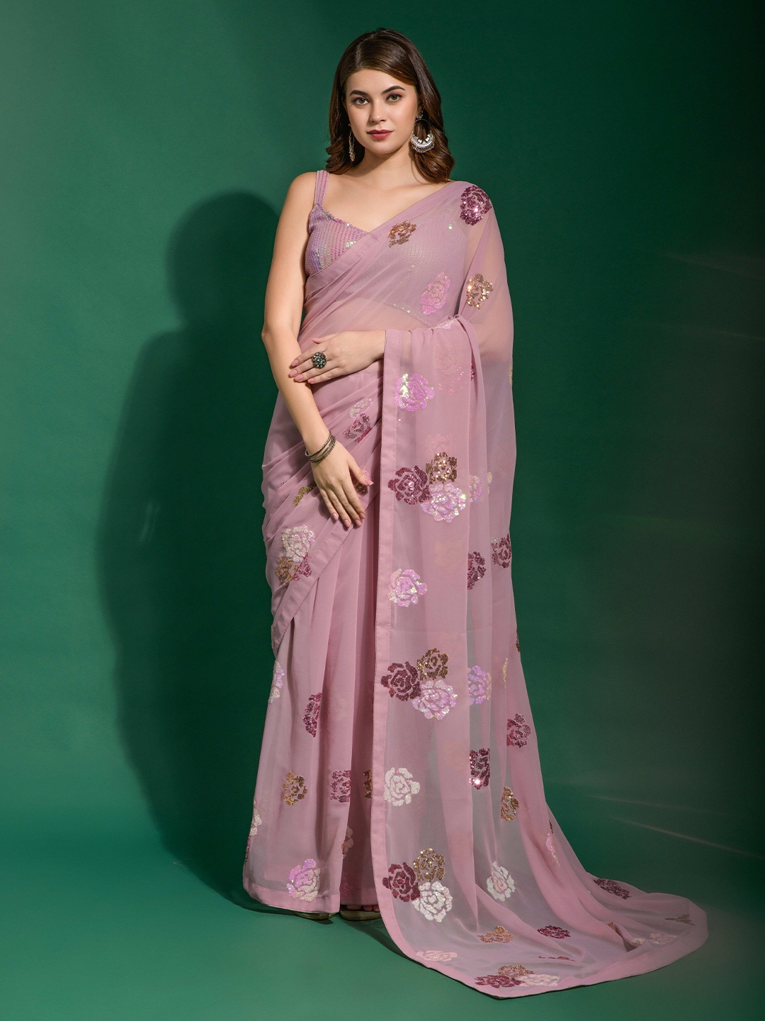 

DIVASTRI Floral Sequinned Saree, Pink