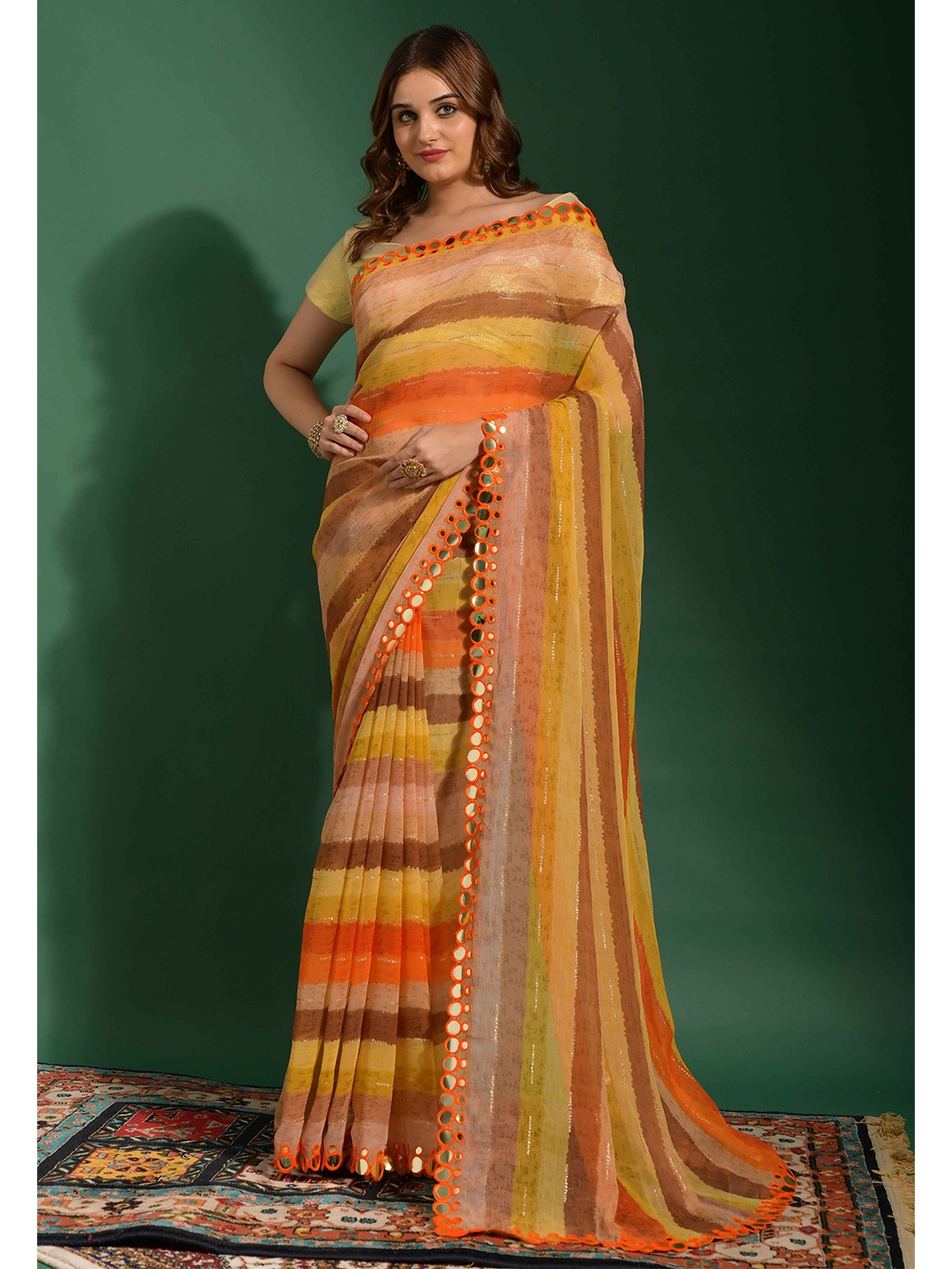 

DIVASTRI Striped Mirror Work Saree, Orange