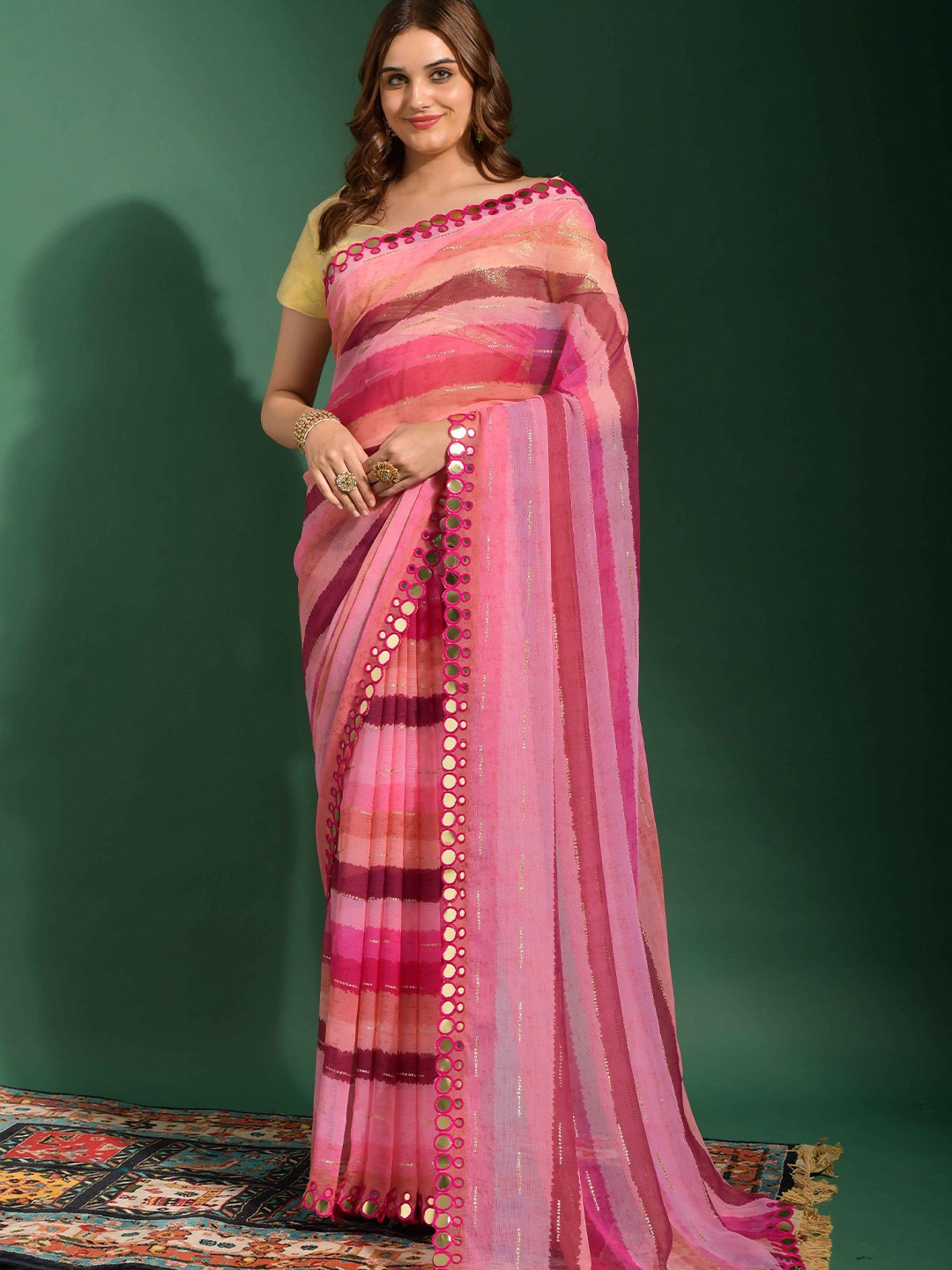 

DIVASTRI Striped Mirror Worked Saree, Pink