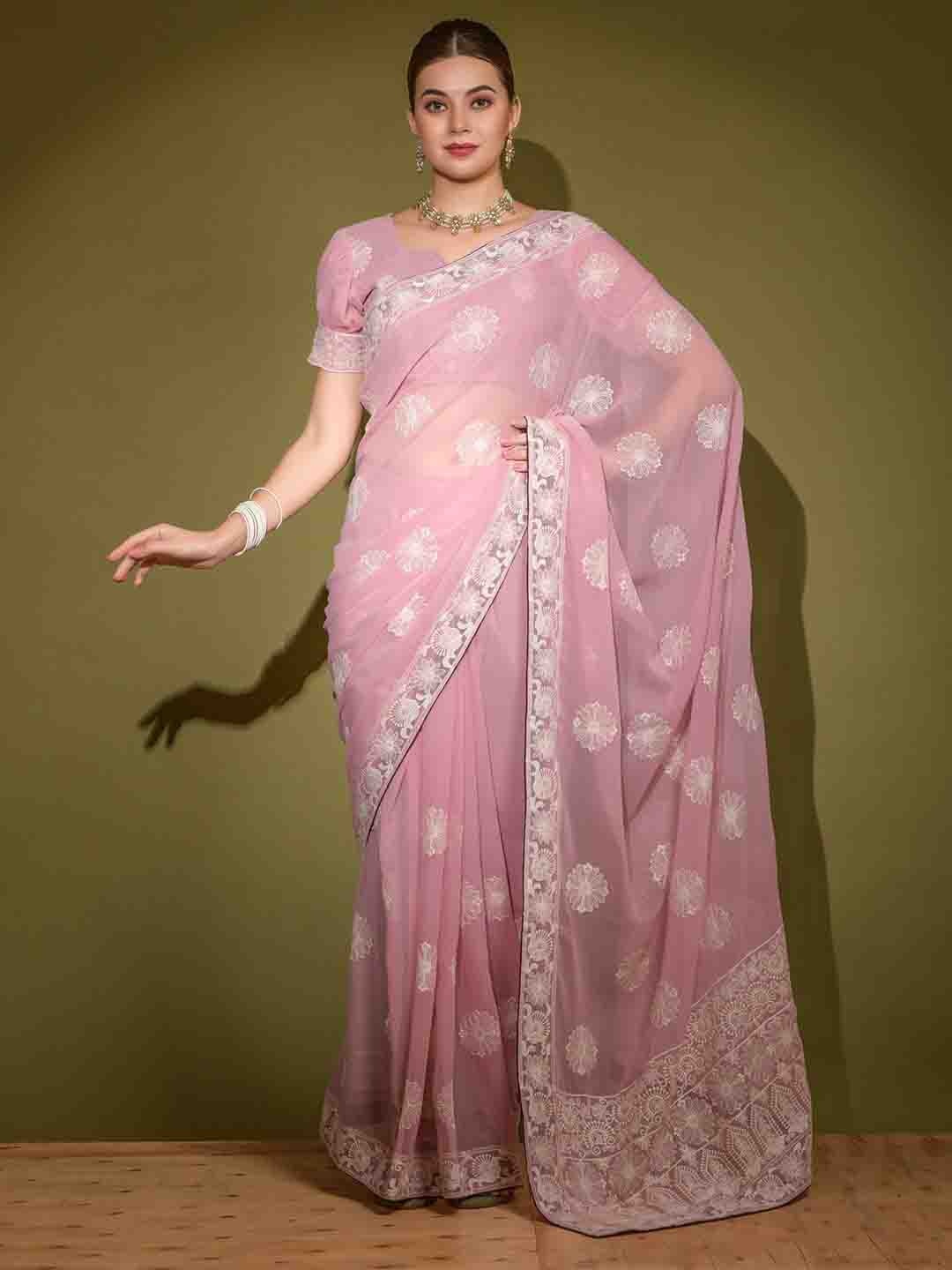 

DIVASTRI Floral Embroidered Saree, Pink