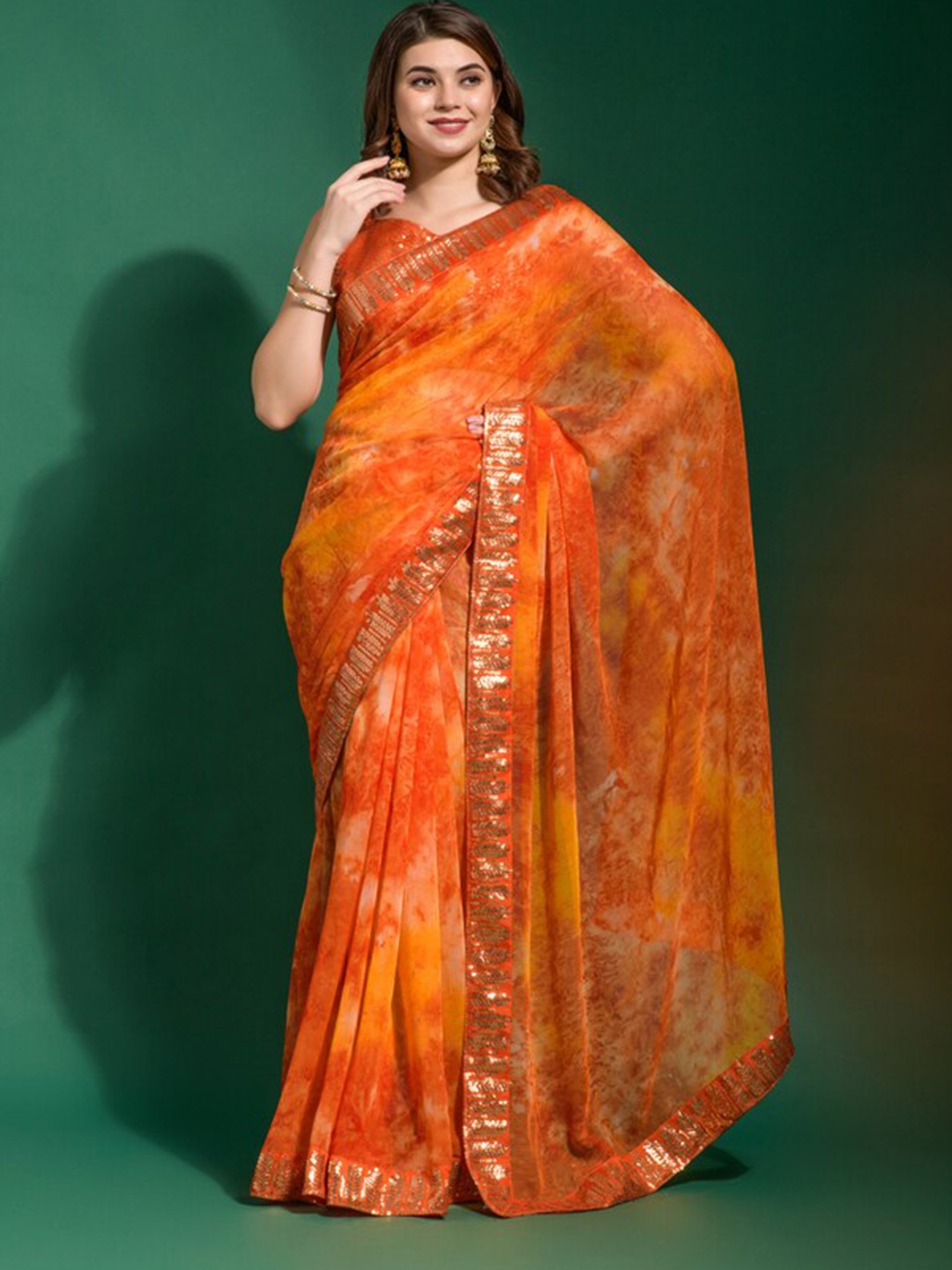 

DIVASTRI Orange & Red Tie and Dye Sequinned Poly Chiffon Saree