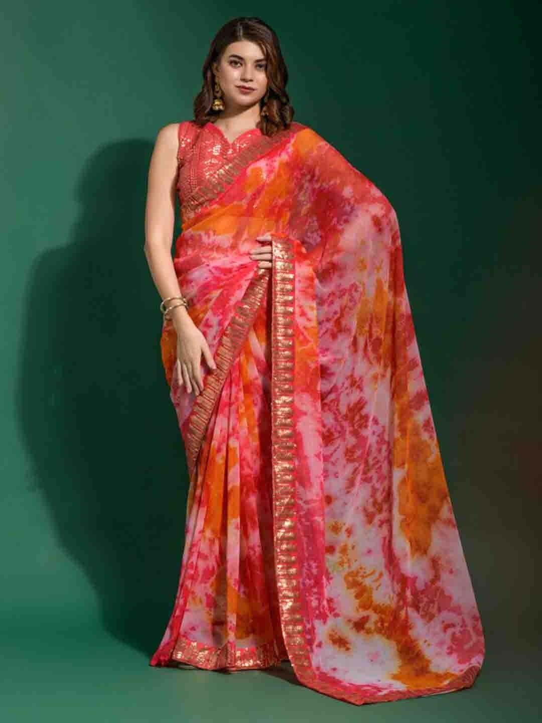 

DIVASTRI Abstract Printed Embellished Saree, Red
