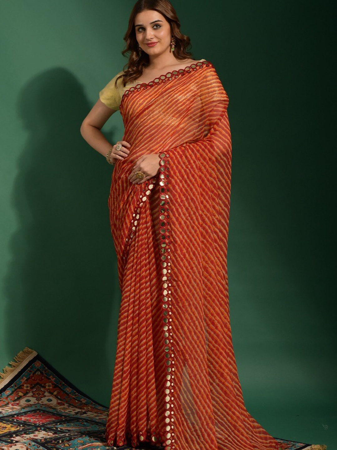 

DIVASTRI Rust Leheriya Printed Mirror Work Saree