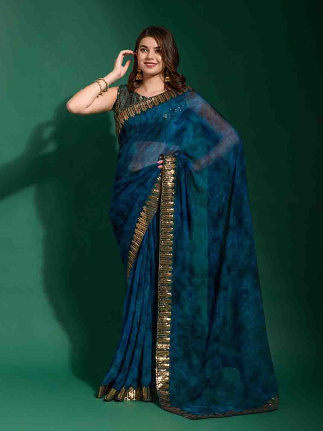 

DIVASTRI Abstract Printed Embellished Saree, Teal