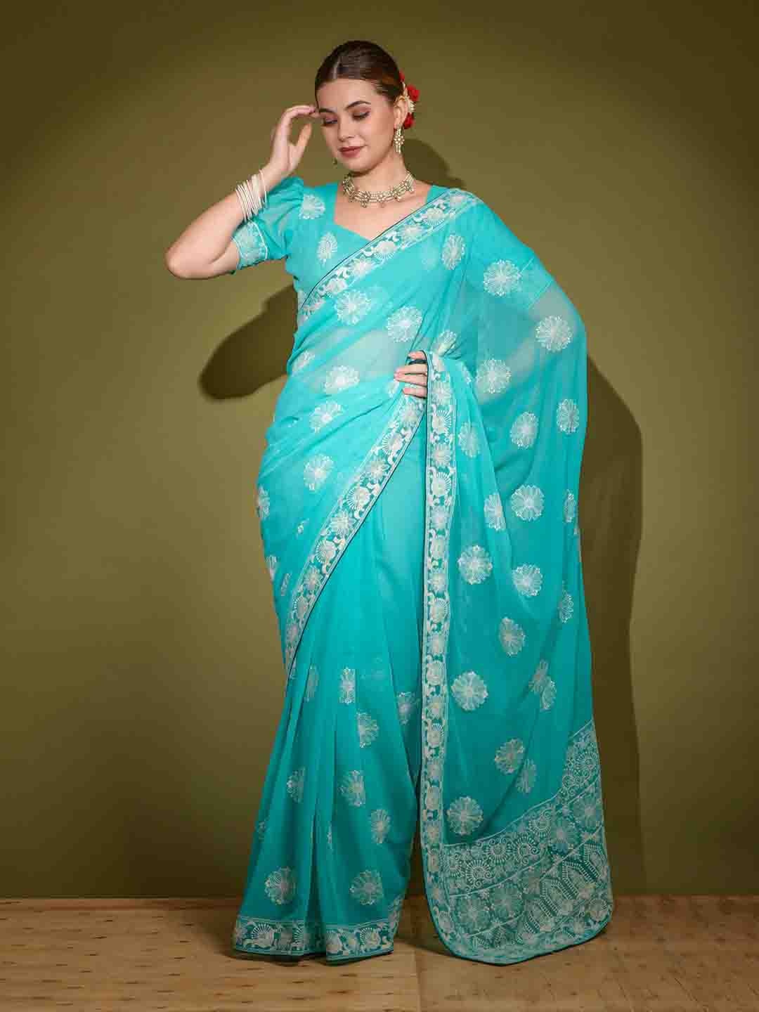 

DIVASTRI Floral Embroidered Saree, Teal