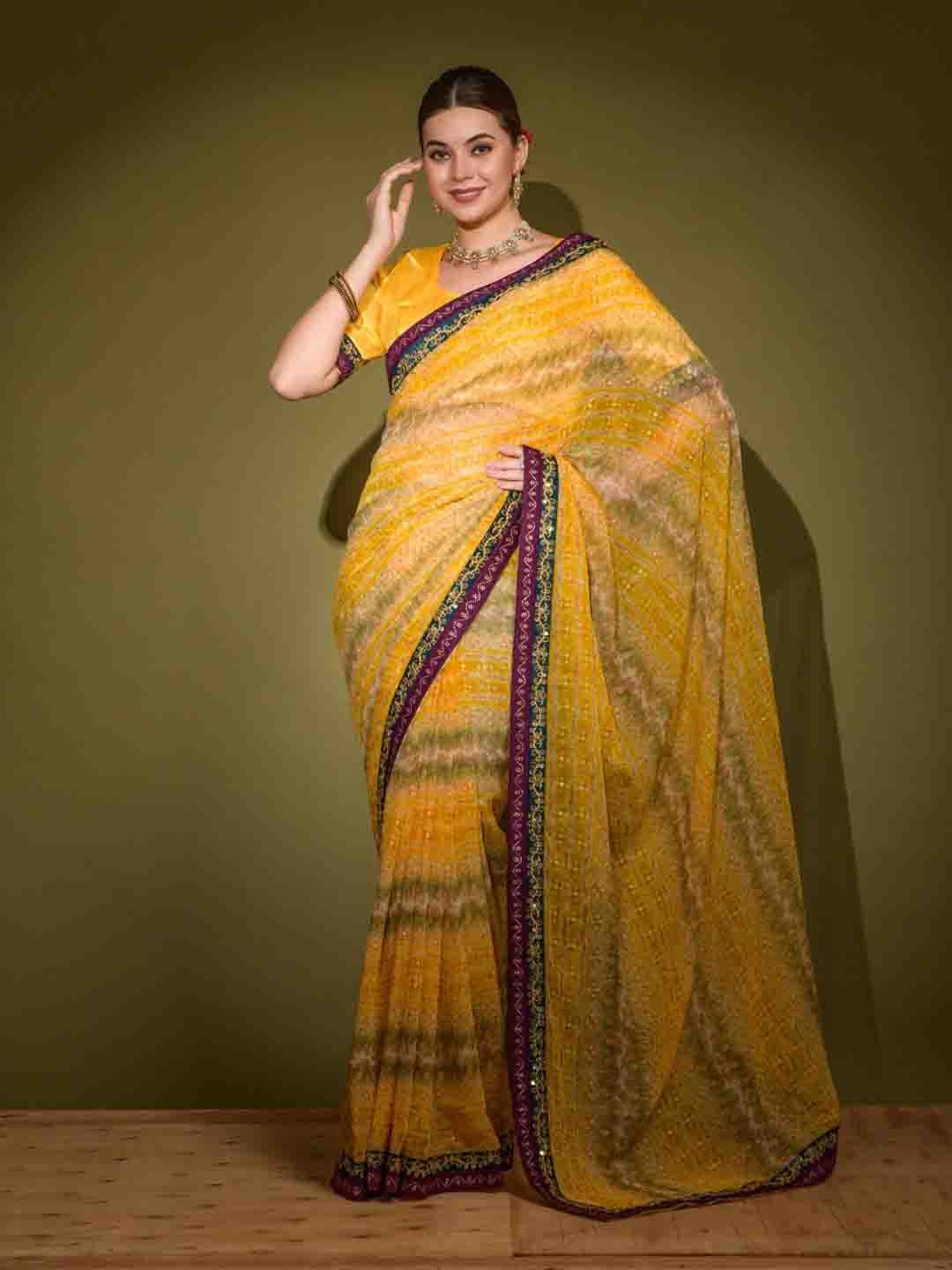 

DIVASTRI Striped Embellished Saree, Yellow