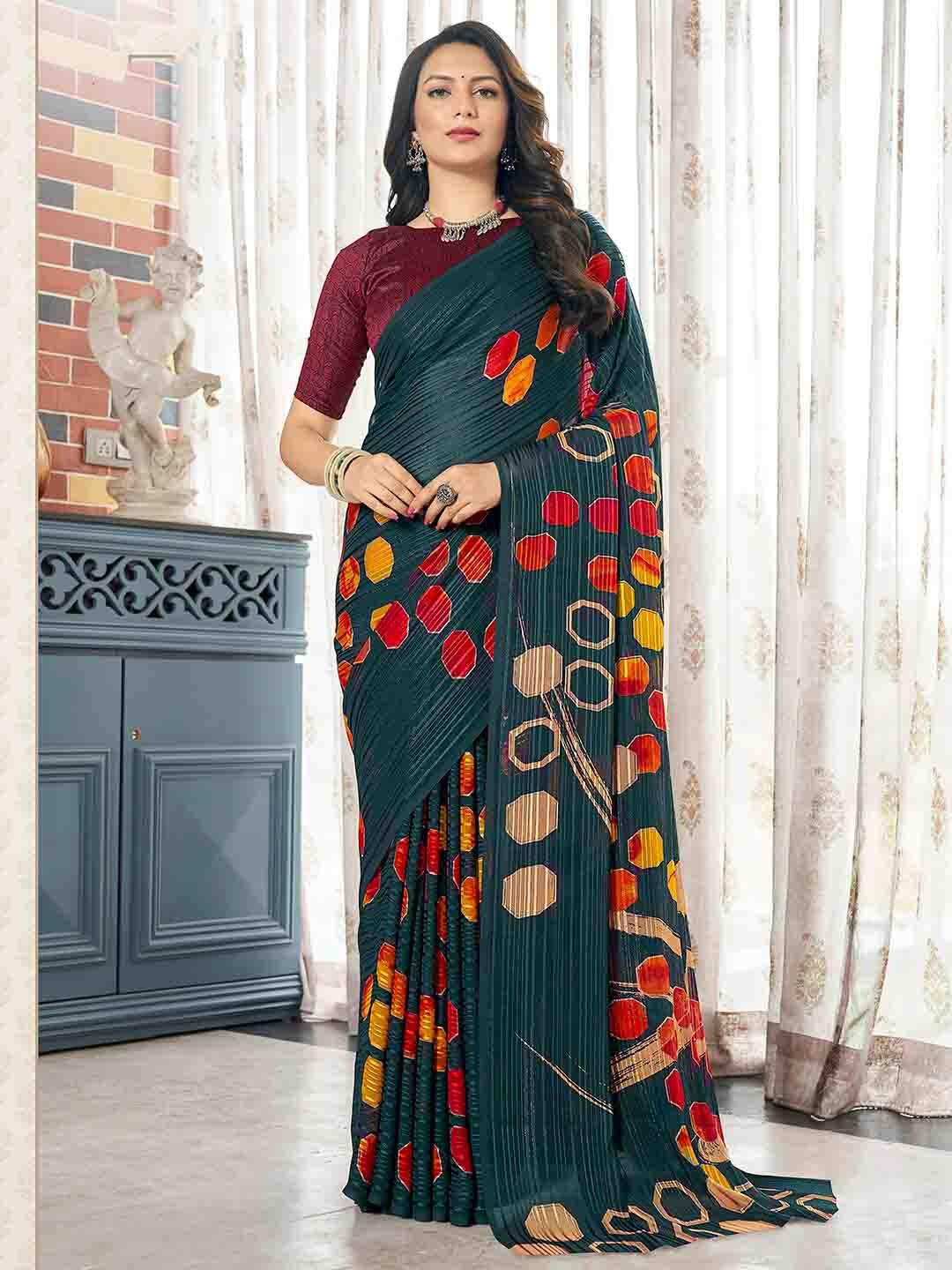 

Satrani Green & Red Geometric Printed Saree