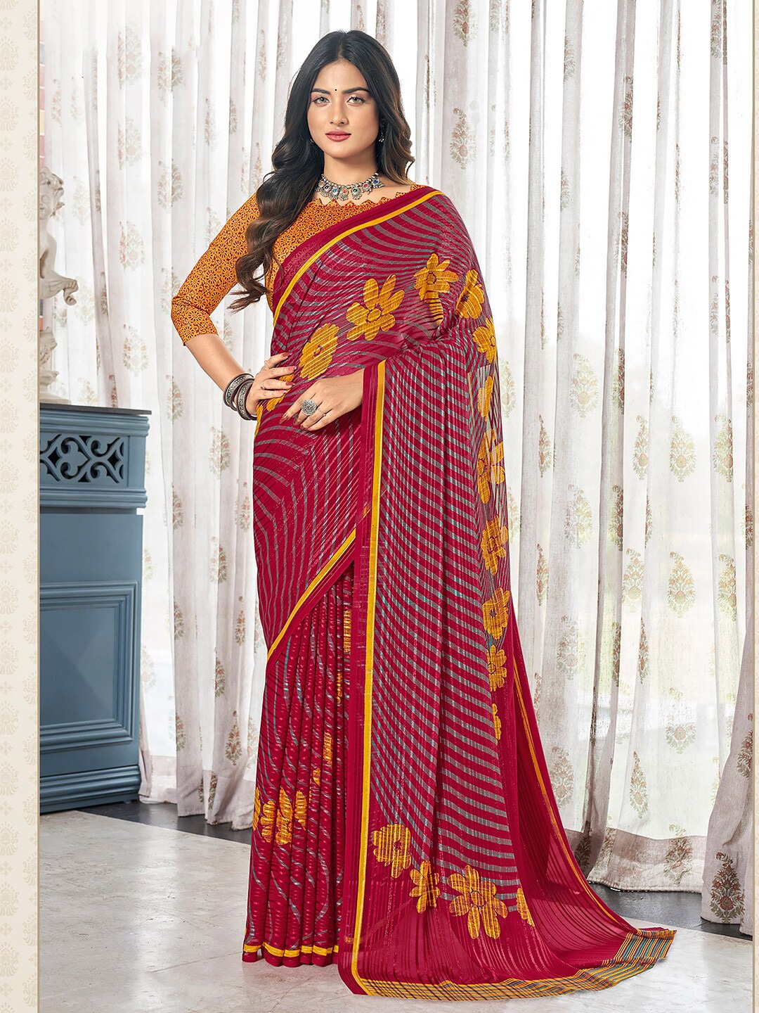 

Satrani Maroon & Yellow Striped Poly Georgette Saree