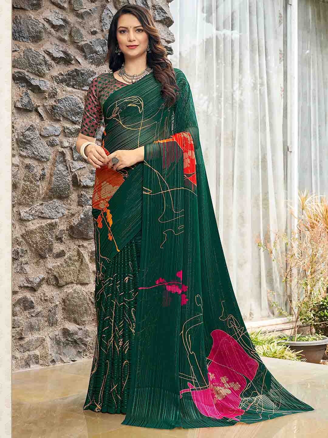 

Satrani Green & Magenta Floral Printed Saree