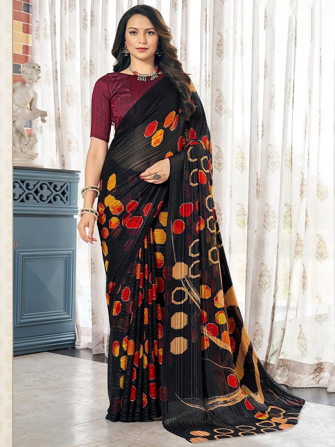 

Satrani Black & Yellow Geometric Printed Saree