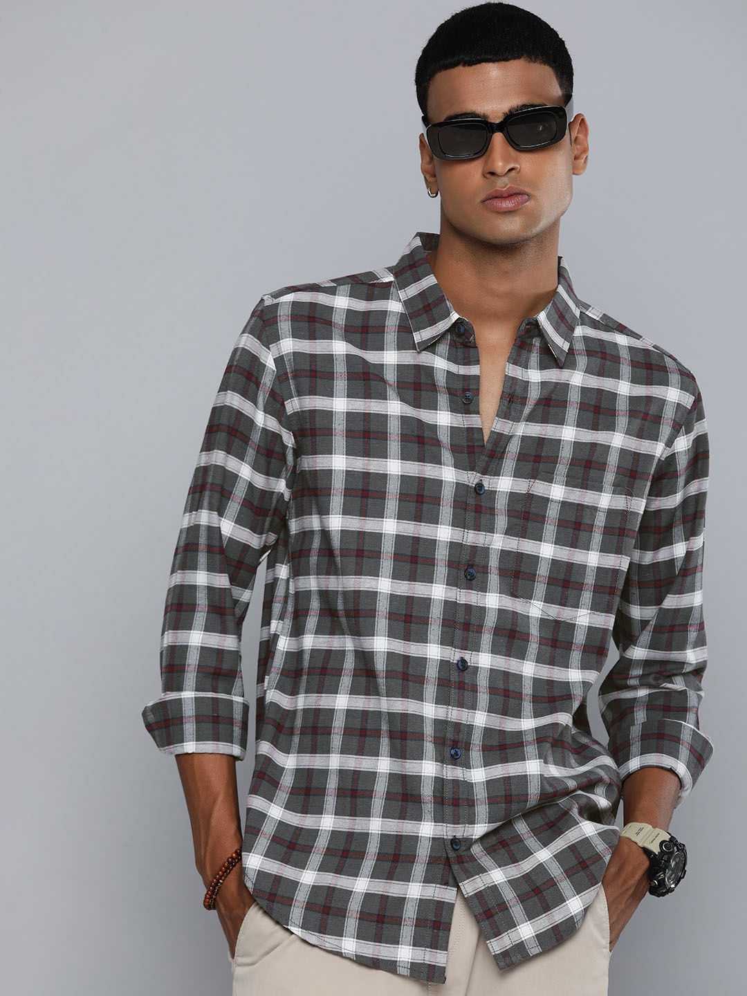 

R.Code by The Roadster Life Co. Classic Tartan Checked Casual Shirt, Grey