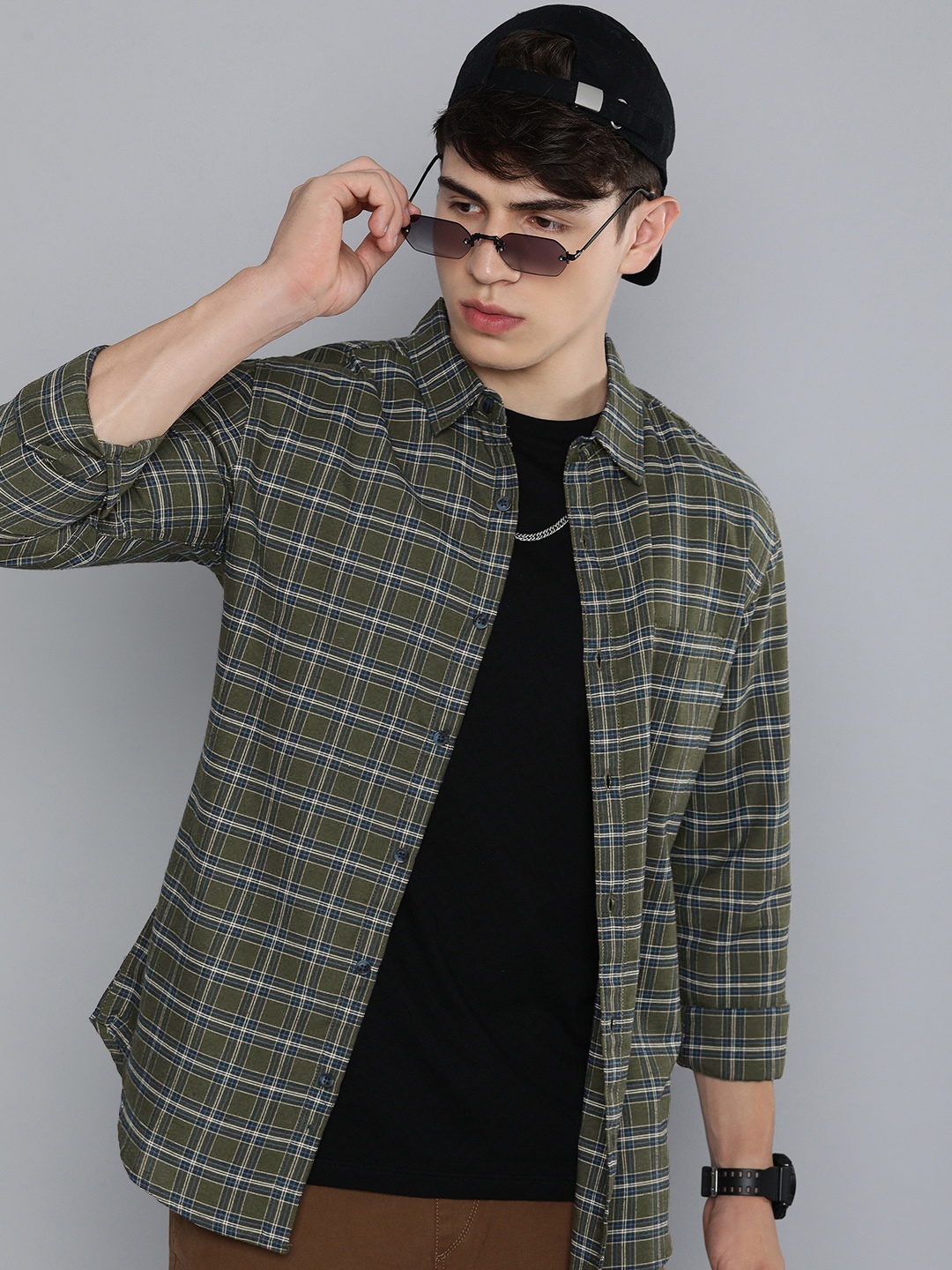 

R.Code by The Roadster Life Co. Classic Tartan Checked Casual Shirt, Olive